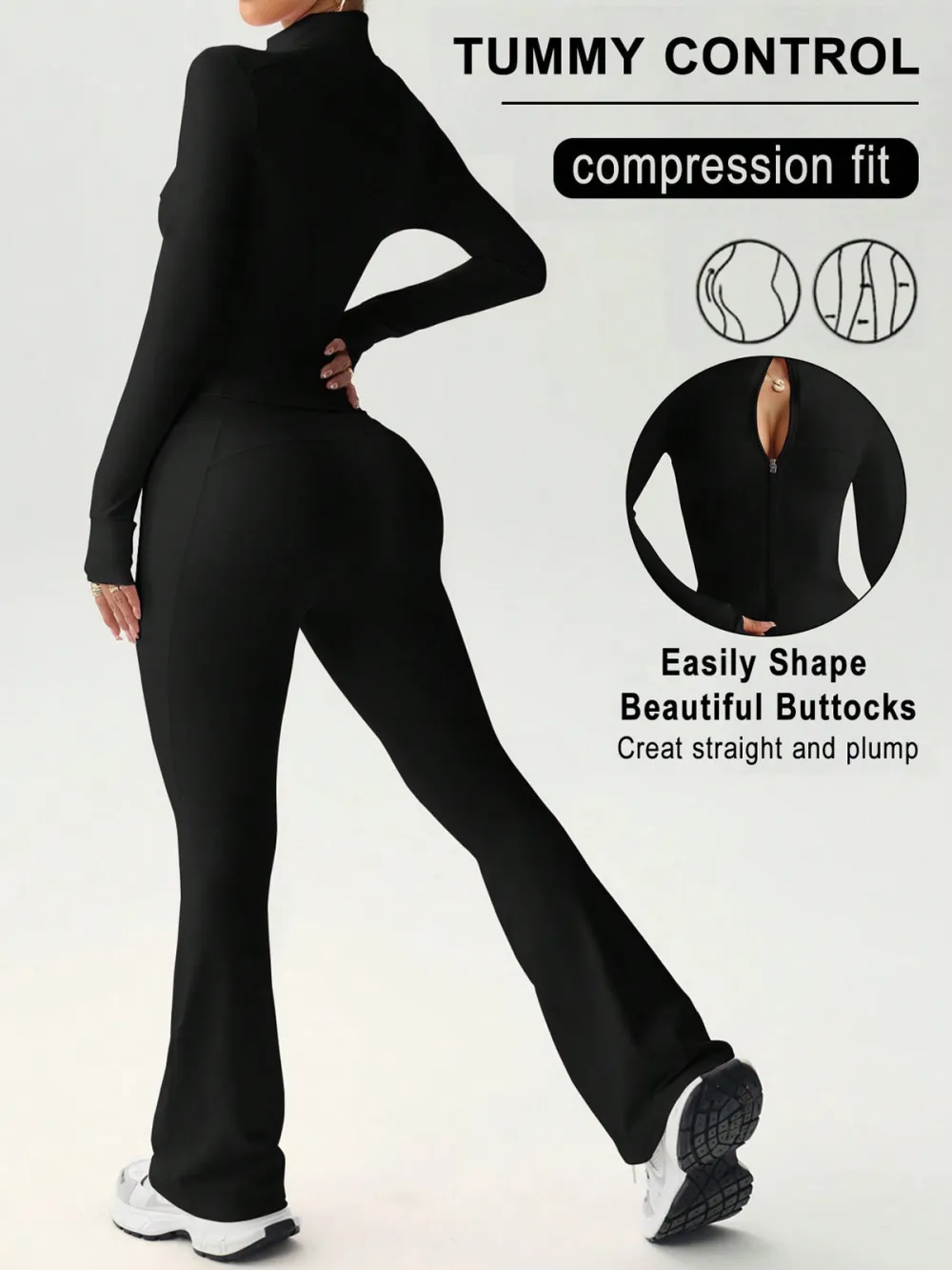 Women's Nude Yoga Set — Zip-Up Long Sleeve Jacket, High-Waist Flared Pants, Solid Backless Top, Soft-Touch Athletic Activewear