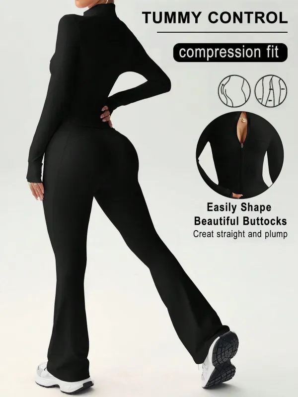 Women's Nude Yoga Set — Zip-Up Long Sleeve Jacket, High-Waist Flared Pants, Solid Backless Top, Soft-Touch Athletic Activewear