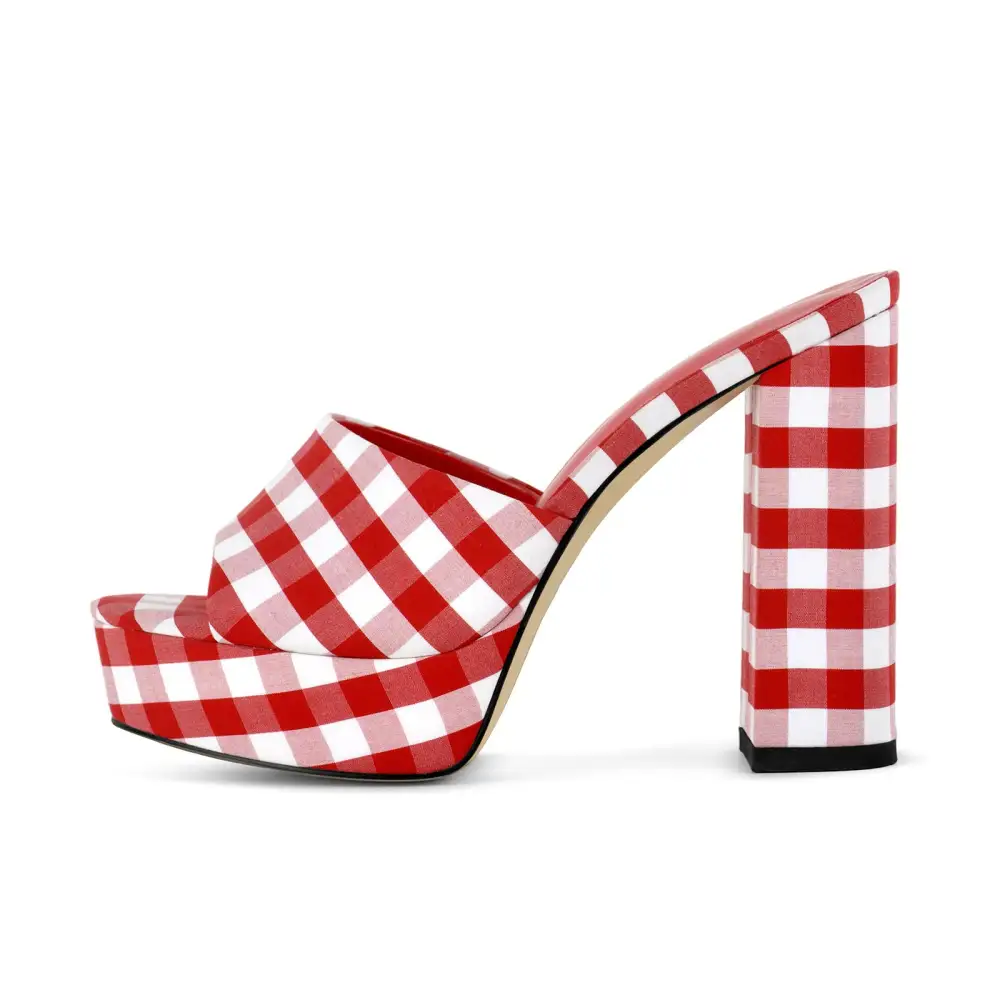 Round Toe Platform Plaid Chunky Heel Mule Sandals