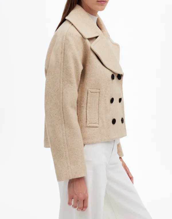 Beige Oversized-Collar Short Peacoat