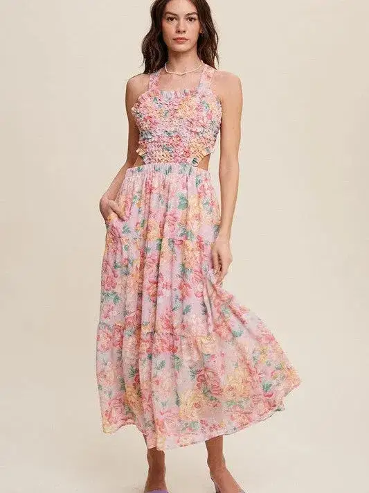 Romance is in the Air Textured Pink Floral Cutout Midi Dress