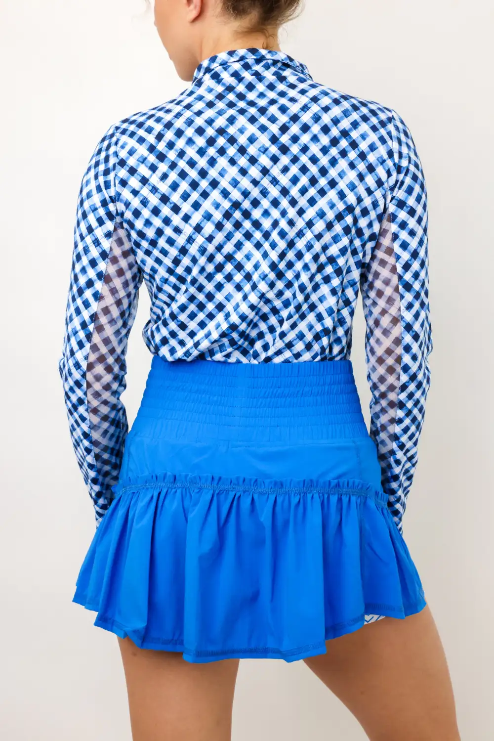 Long Sleeve Check Mesh Top