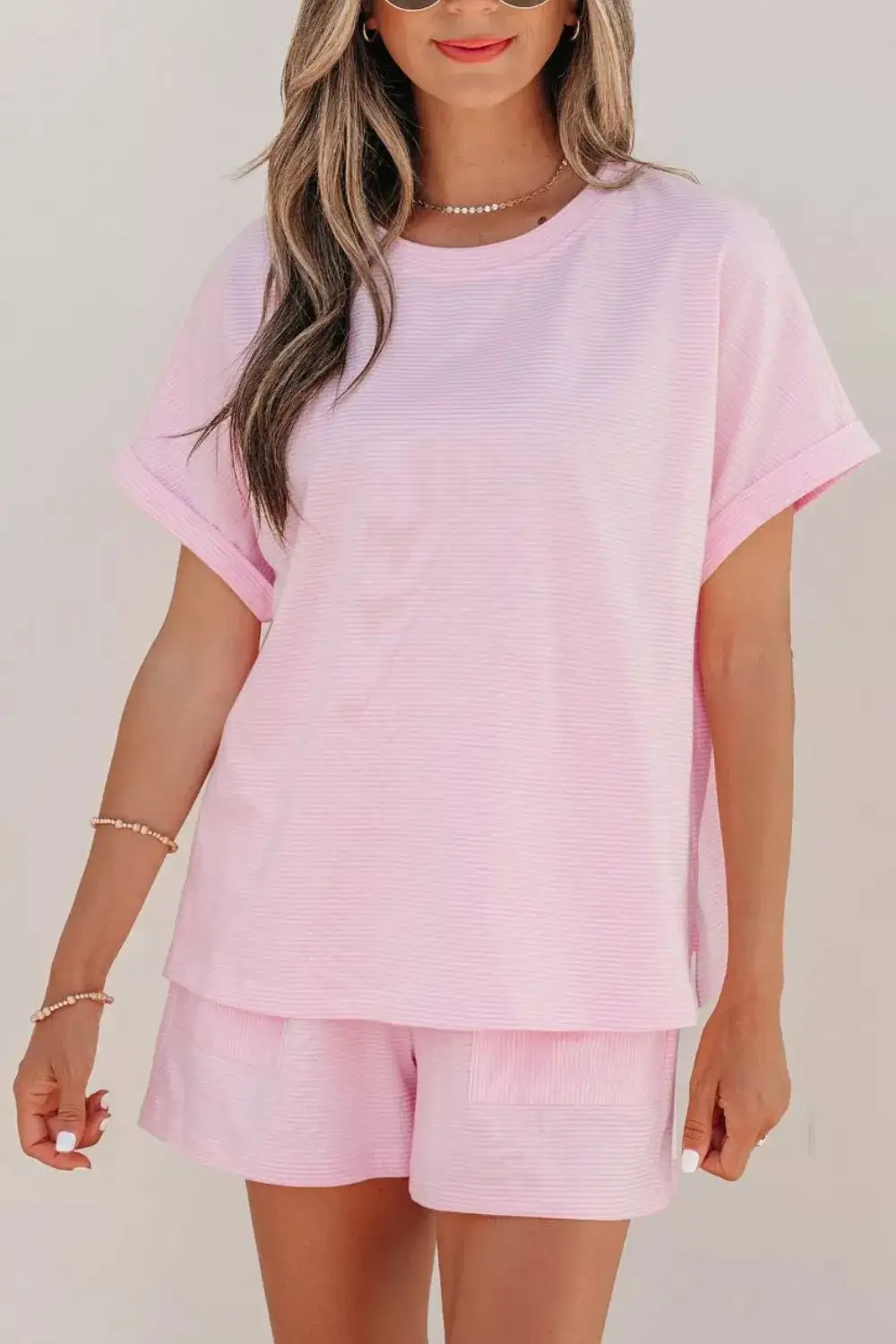 Stripe Matching Oversized Tee and Drawstring Shorts Set