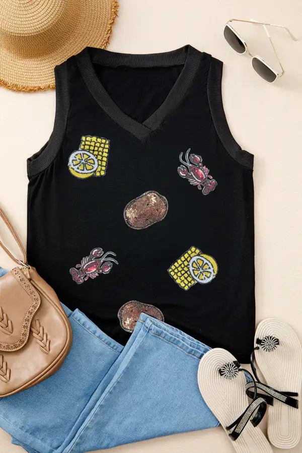 Sequined Crawfish Ribbed V Neckline Tank Top