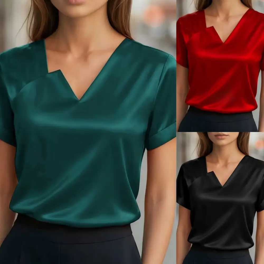 Asymmetric Satin V-Neck Shirt