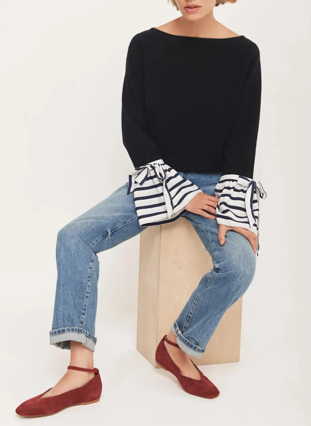 Casual Style Navy Cotton Striped Cuff Jumper