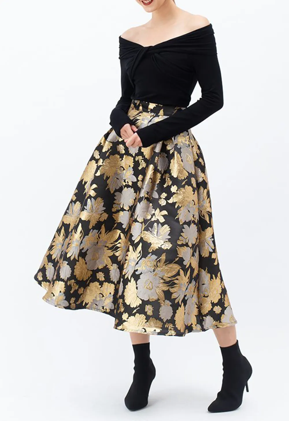 GOLDEN BOUQUETS JACQUARD A-LINE MIDI SKIRT