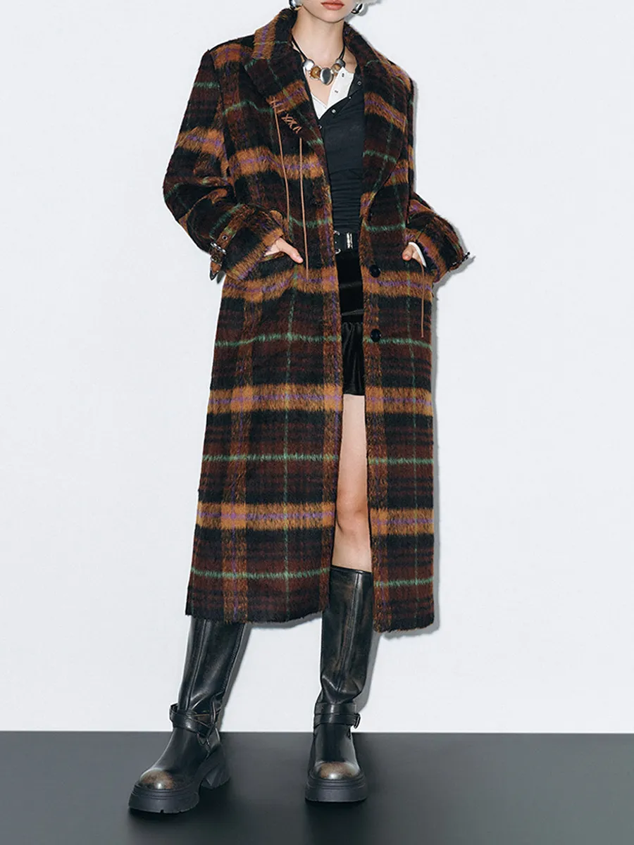 A Long Casual Brown Checkered Coat For Women