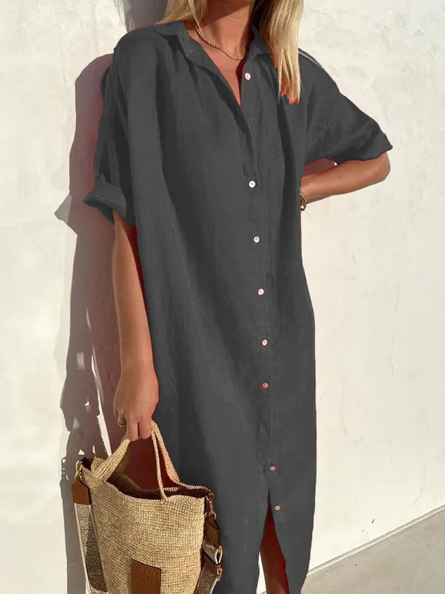 Loose Shirt Collar Short Sleeve Casual Cotton Dress