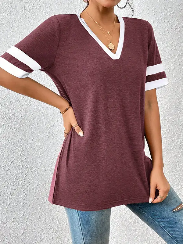 Relaxed Short Sleeve Panel Detail Side Slit Stripe V-Neck T-Shirt