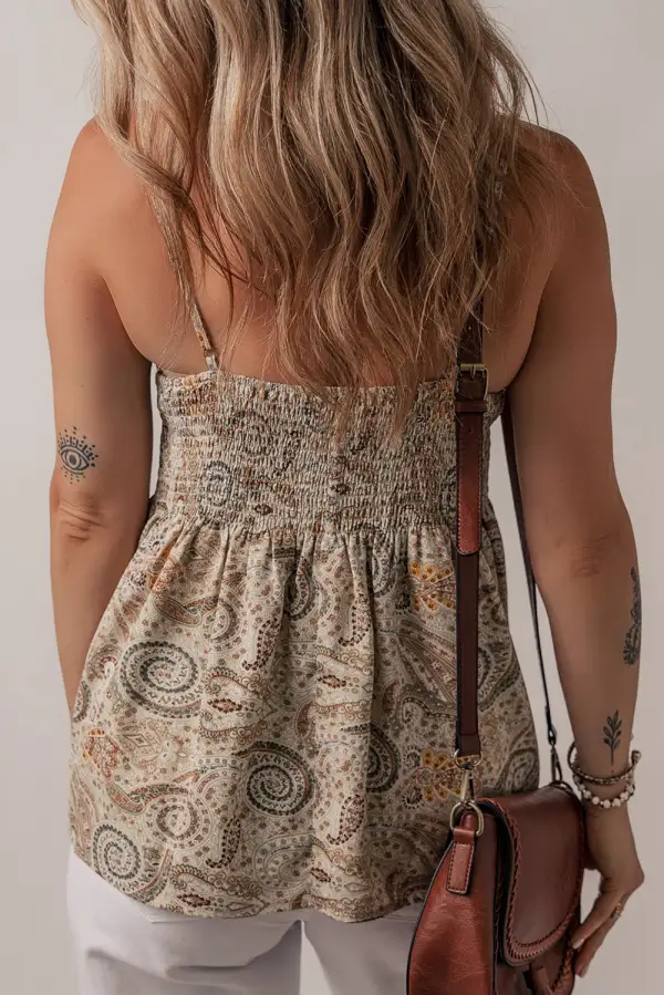Paisley Printed Spaghetti Strap V Neck Smocked Babydoll Tank Top