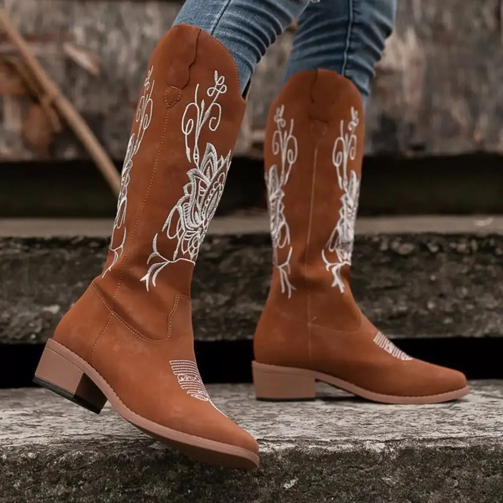 Embroidered Block Heels Boots