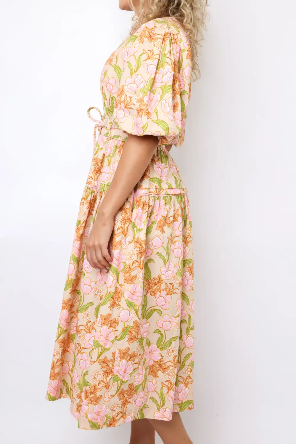 V Neck Floral Print Puff Sleeve Midi Dress