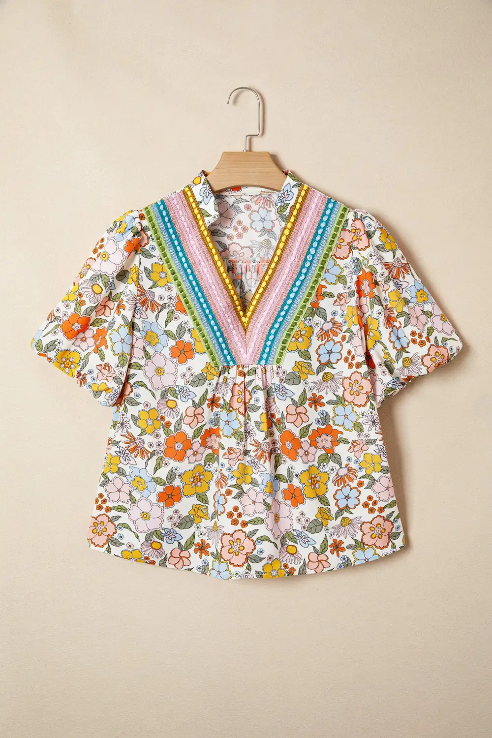 Multicolour Crochet V Neckline Puff Sleeve Boho Flower Blouse