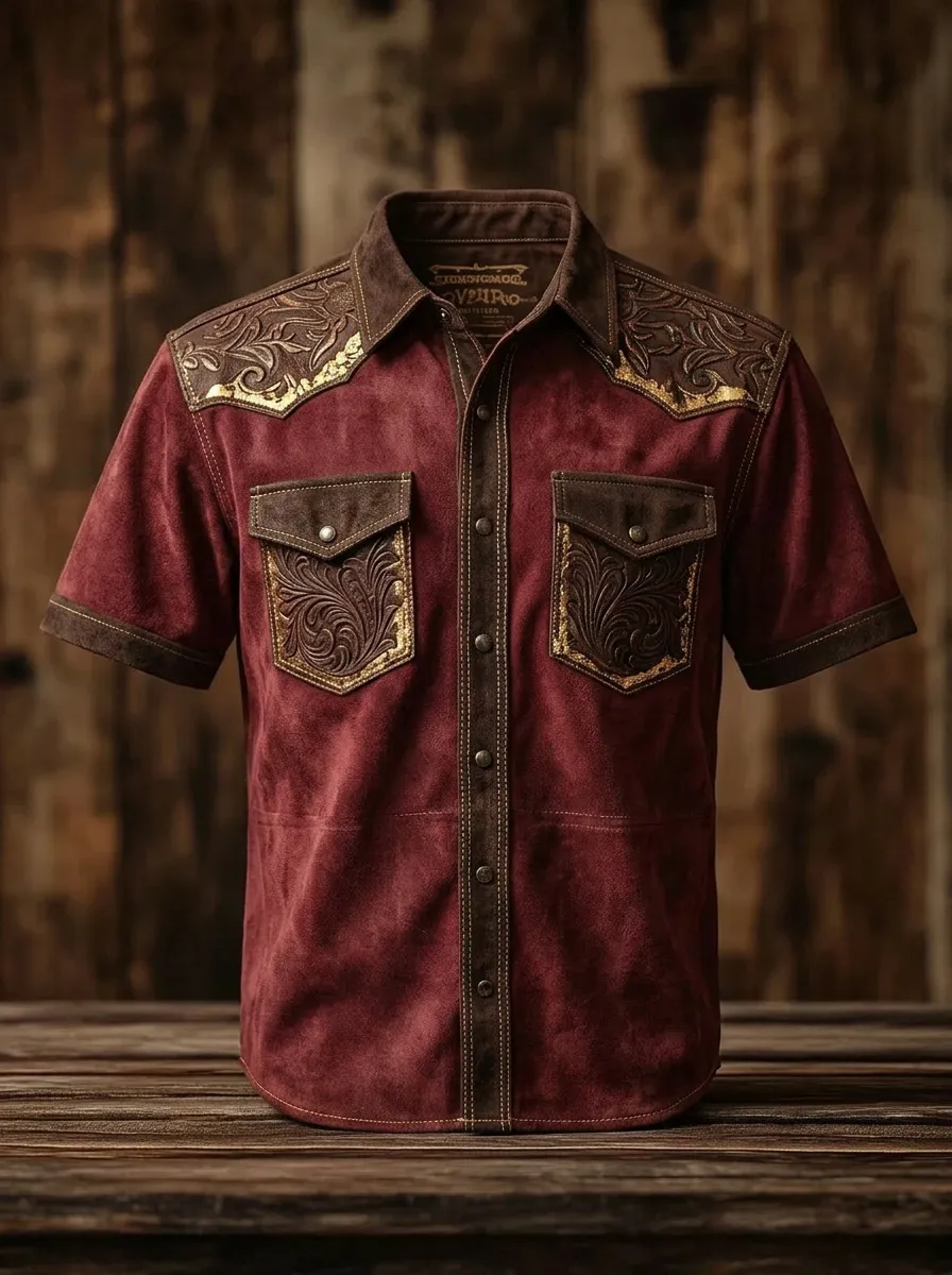 Men's Western Cowboy Floral Tooled Leather Printed Shirt-3