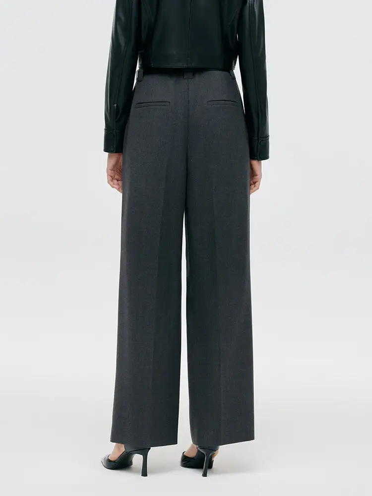 Worsted Wool Women Wide Leg Pants With Leather Belt