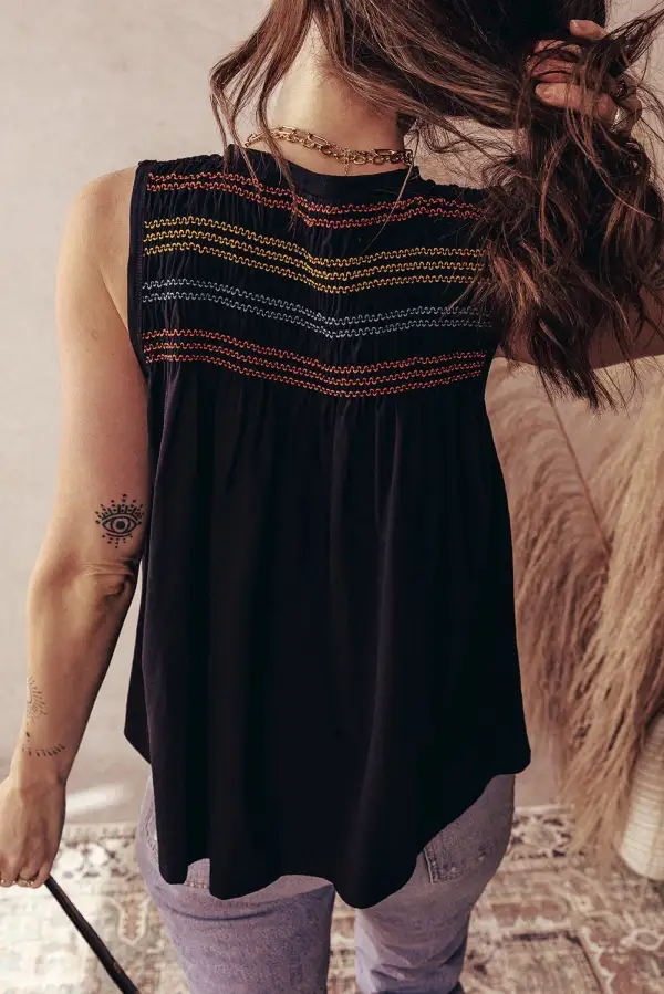 Shirred Yoke Notched V Neck Tank Top