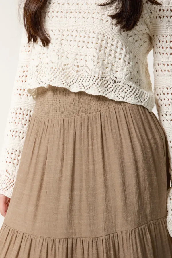 Women's Light Brown Pleated Waist Cake Layered Long Skirt
