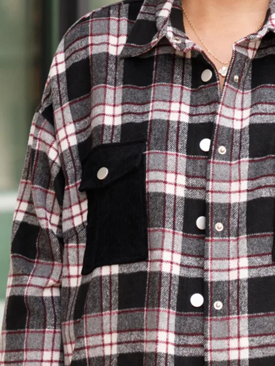 Black plaid patchwork pocket jacket