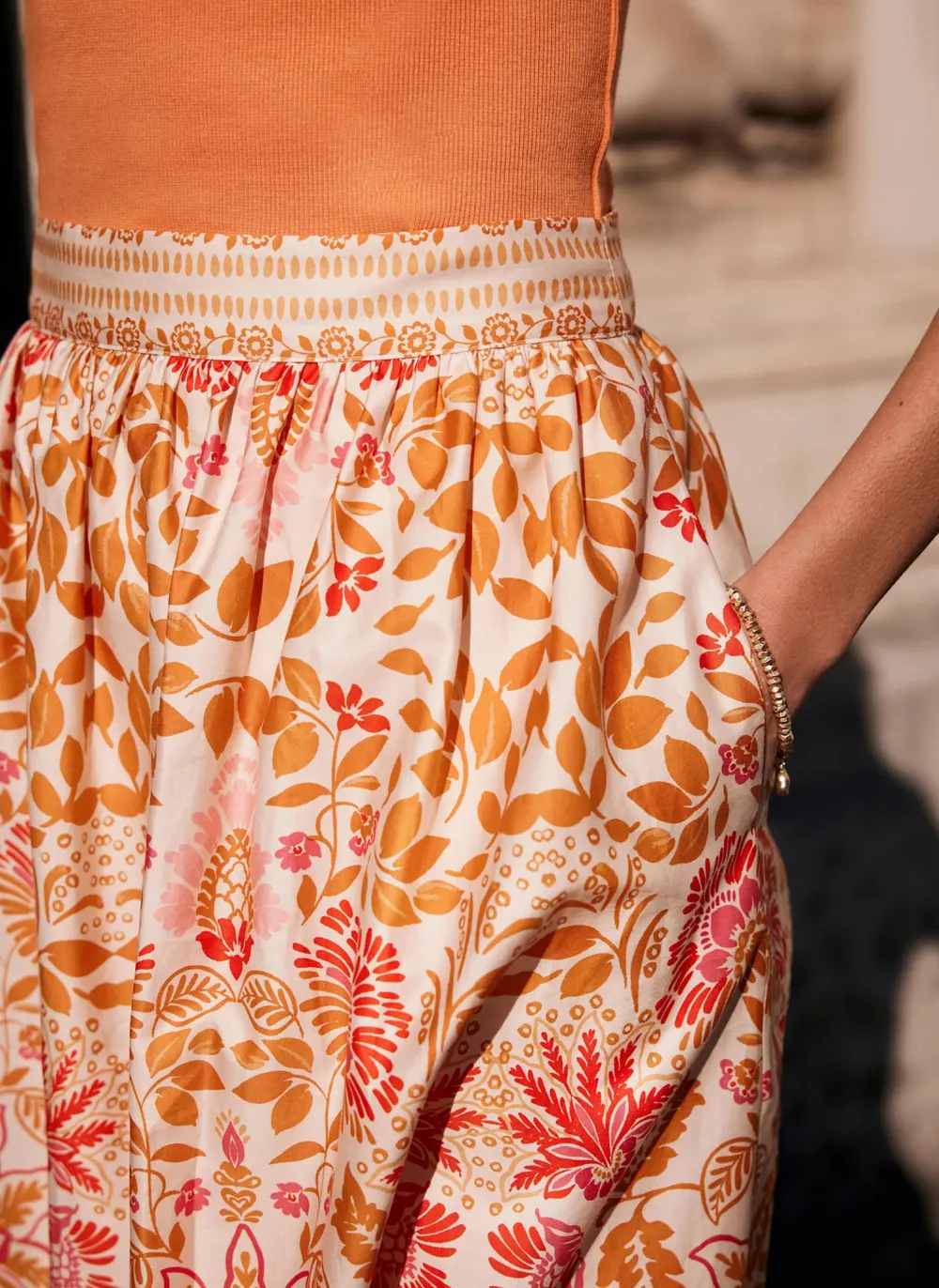 Casual Style Orange Floral Print Midi Skirt