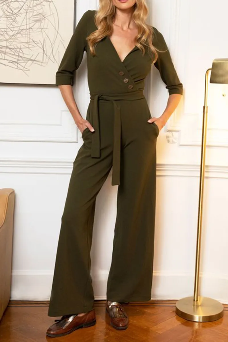 Casual Style Khaki Jumpsuit With Buttons