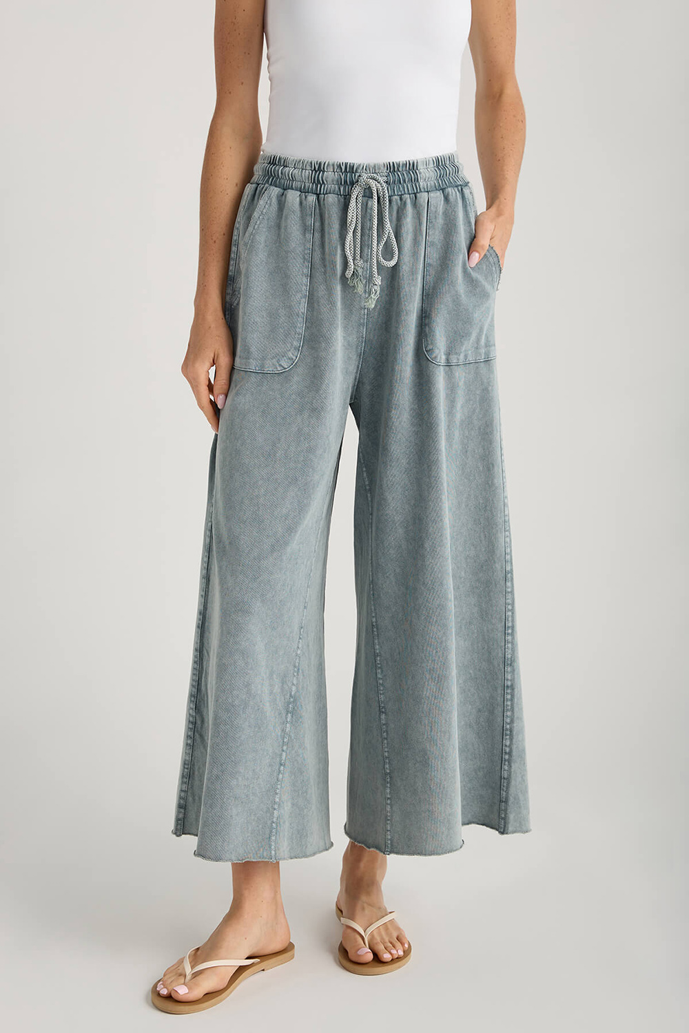 Easel Wide Leg Knit Pants - faded teal