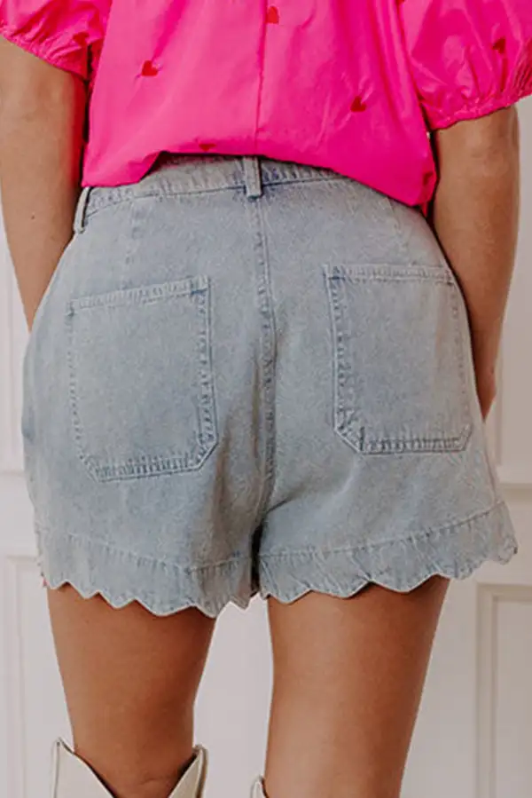 Relaxed Scalloped Hemline Acid Wash High Waist Denim Shorts
