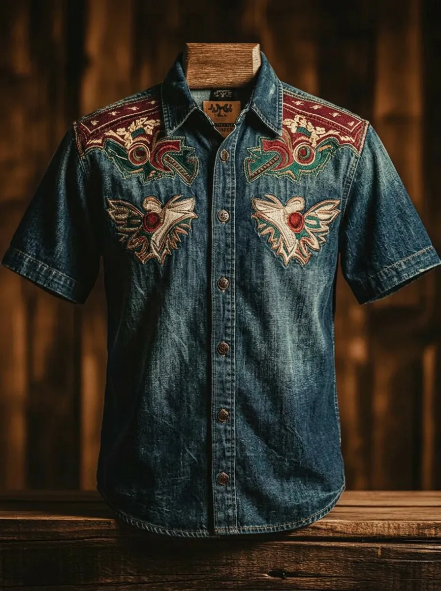Men's Western Cowboy Floral Eagle Embroidered Denim Shirt