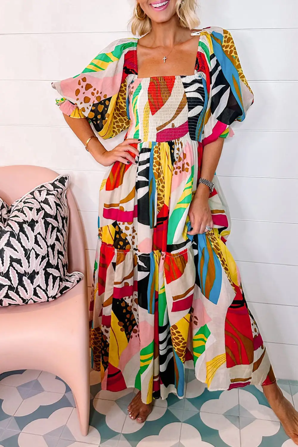 Square Neck Abstract Print Boho Maxi Dress