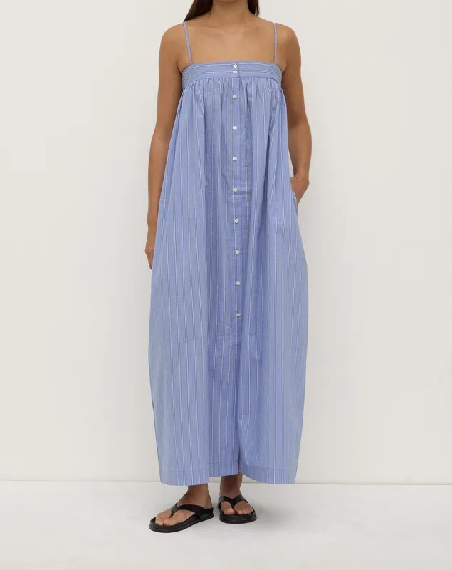 Blue & White Striped Button-Front Maxi Dress