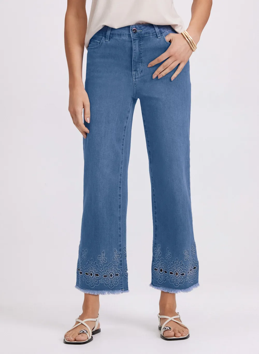 Embroidered Floral Denim Wide-Leg Pants