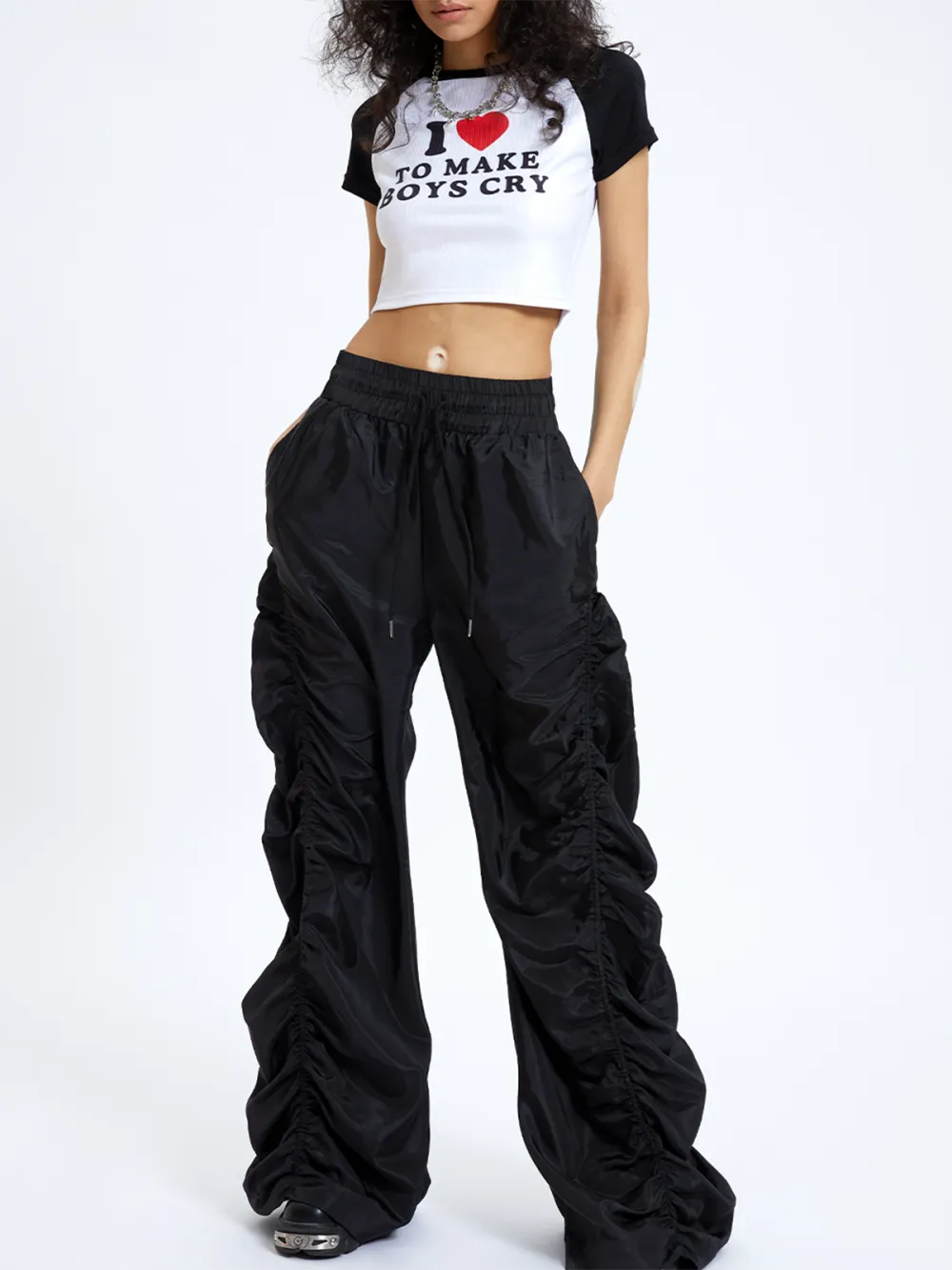 Black Wrinkled Bottom Pants