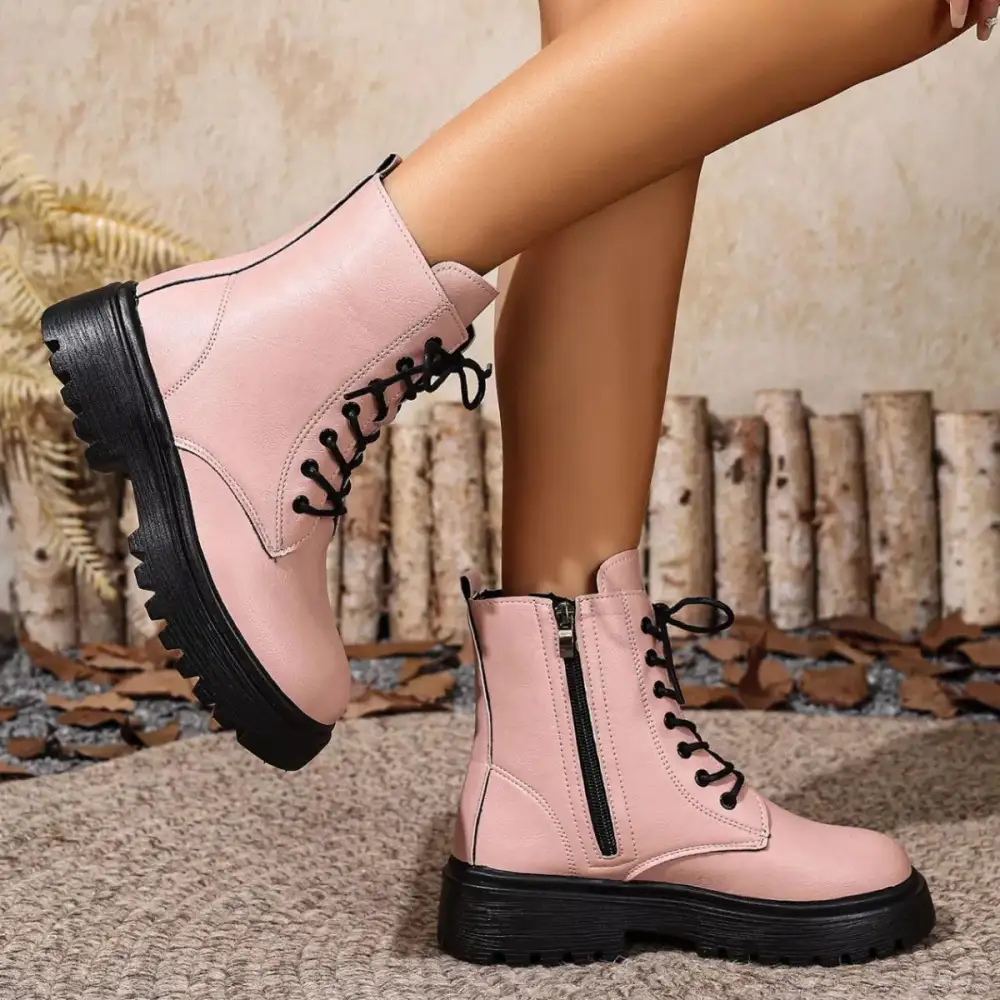 Textured Lace-Up Ankle Combat Boots