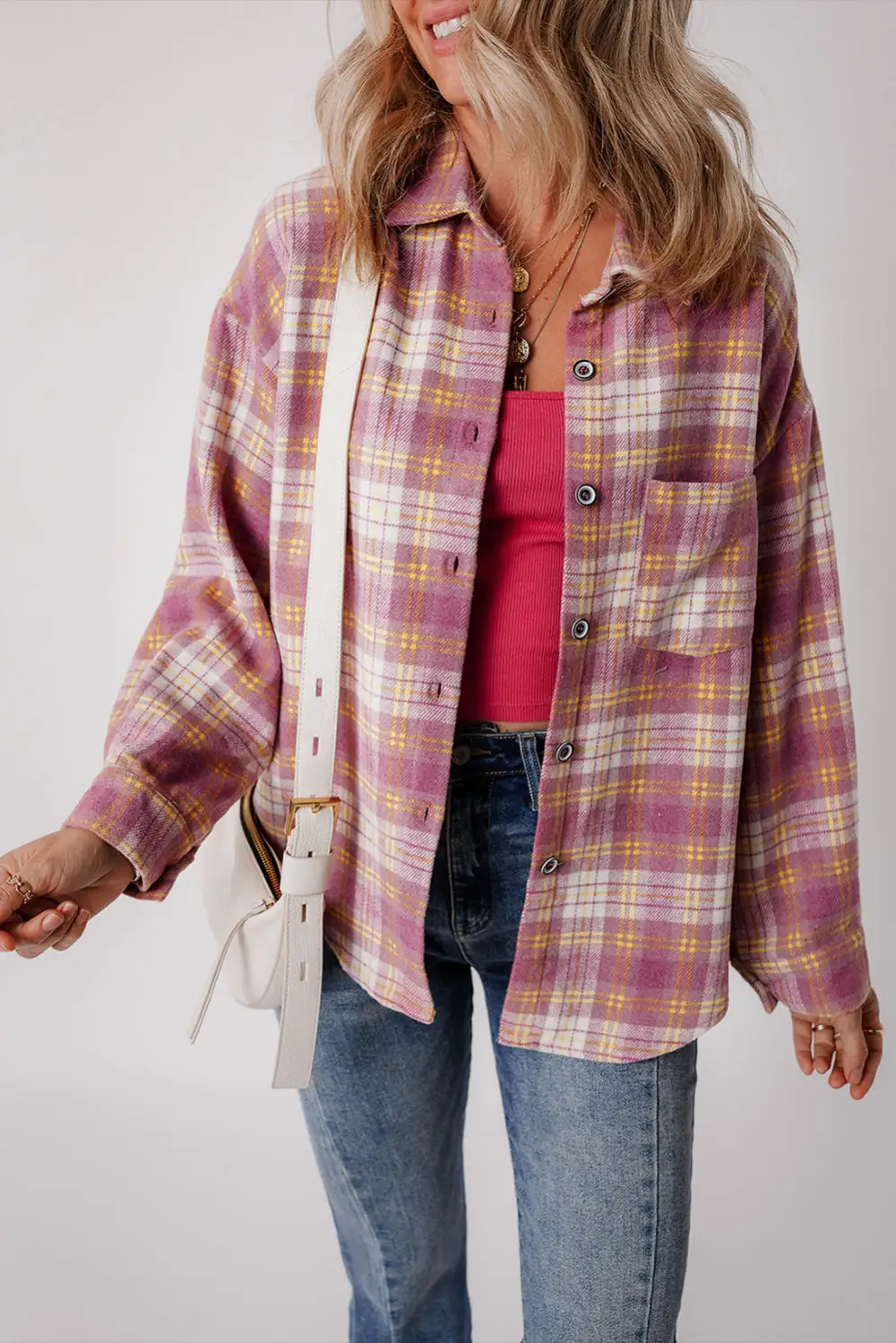 Anette® | Casual chic pink checked shirt jacket