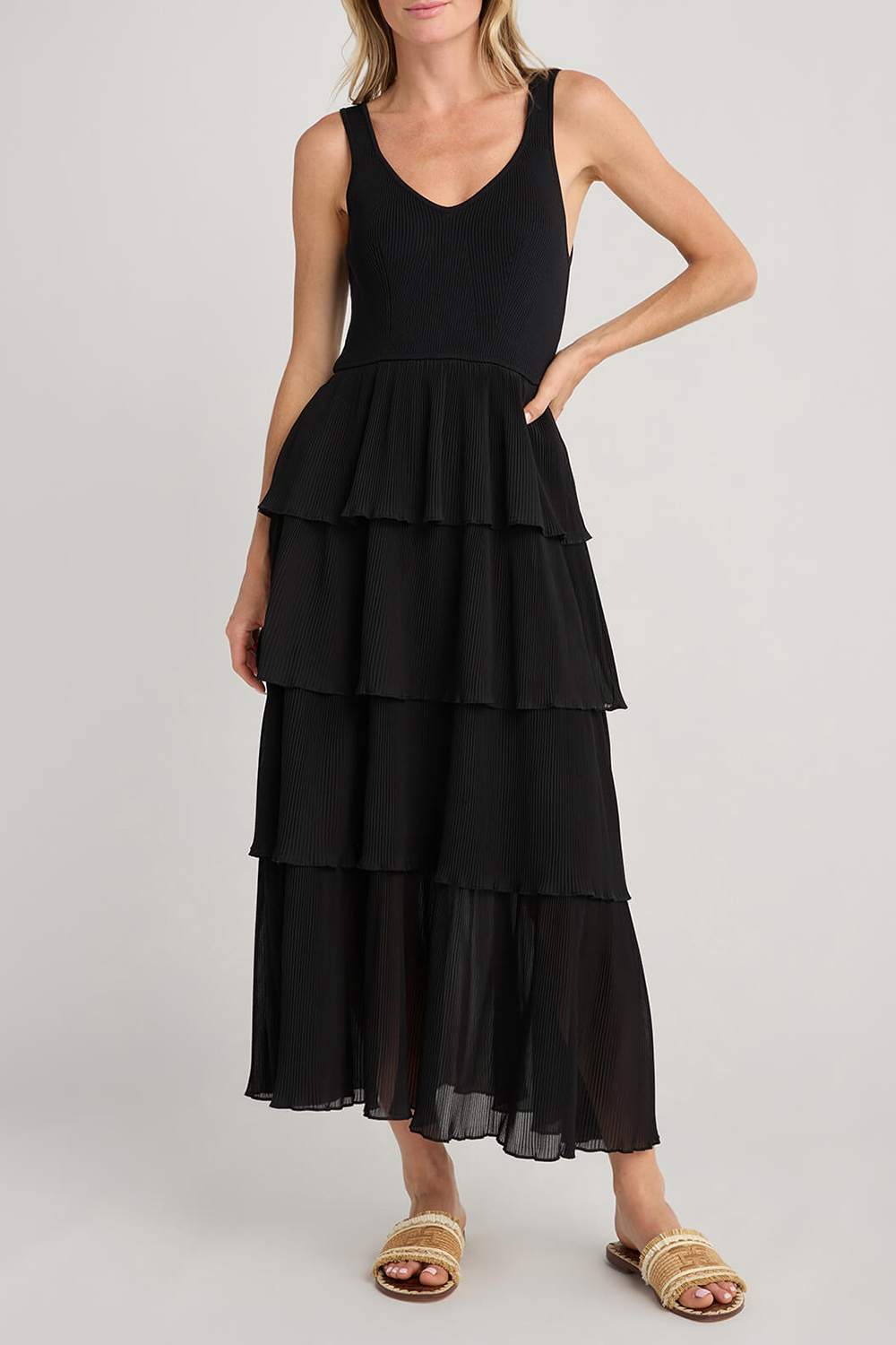 Merci Pleated Tiered Midi Dress - black