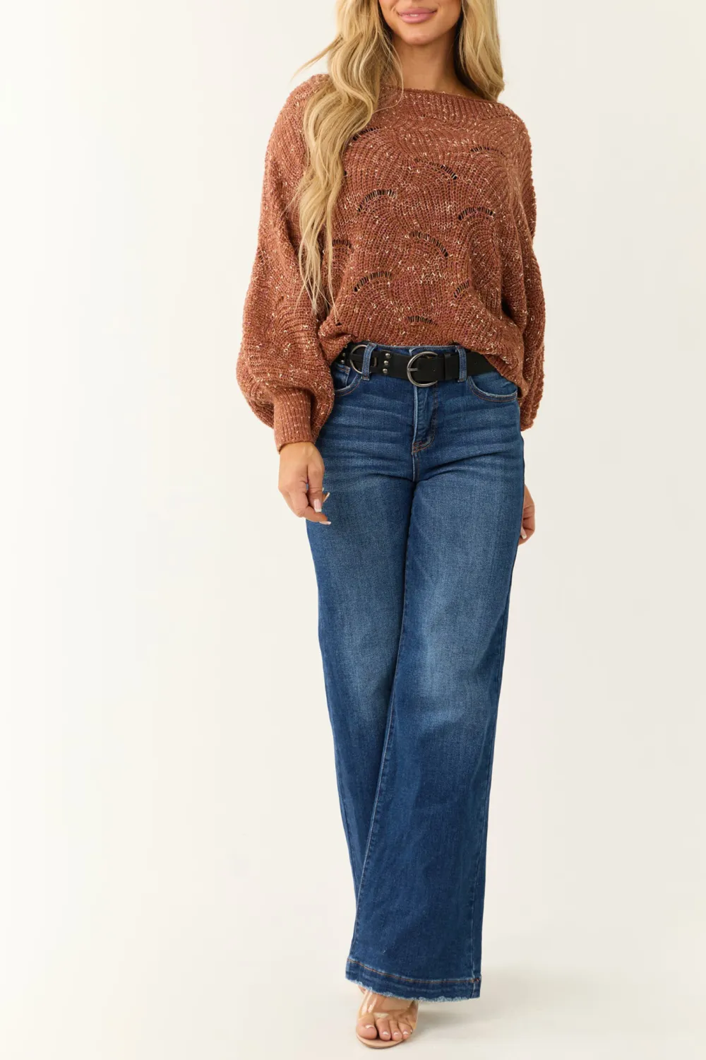 Terracotta Pointelle Long Balloon Sleeve Sweater