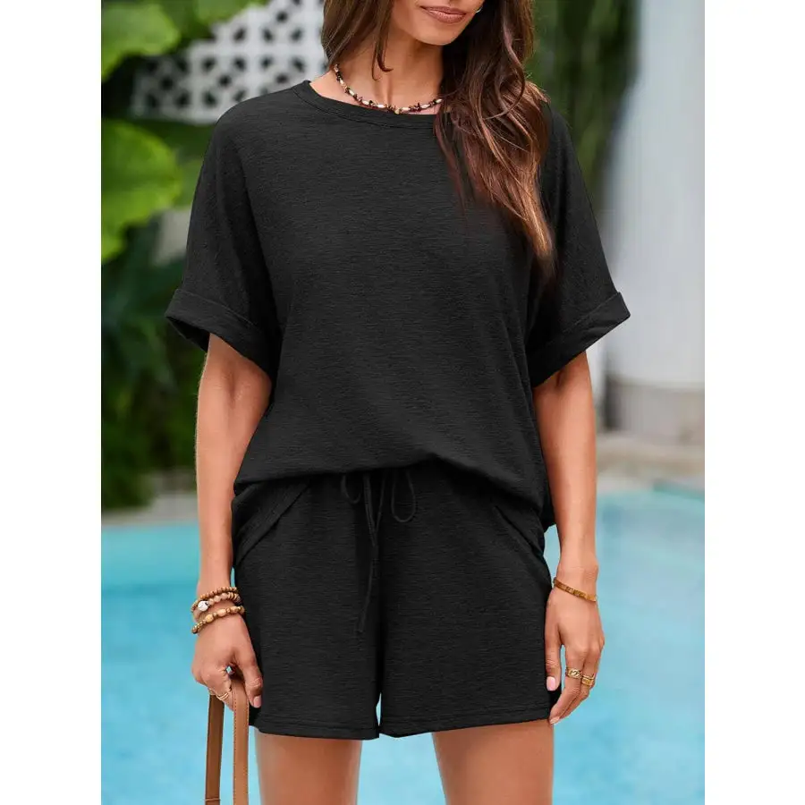 Round Neck T Shirt and Drawstring Shorts Set