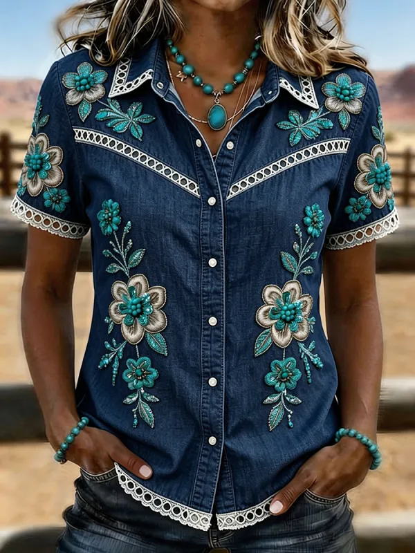 Women's Bohemian Floral Embroidered Lace Trim Western Denim Shirt