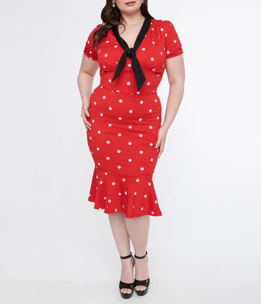 Unique Vintage Plus Size Red & White Polka Dot Neck Tie Wiggle Dress