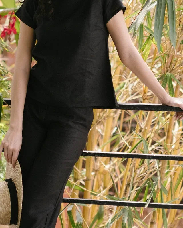 Black Linen Matching Set with Boat-Neck Top & Wide-Leg Pants