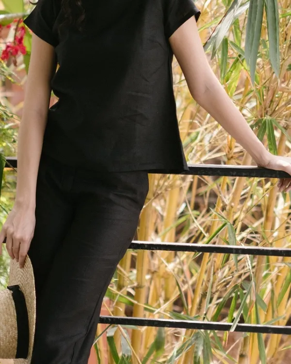Black Linen Matching Set with Boat-Neck Top & Wide-Leg Pants