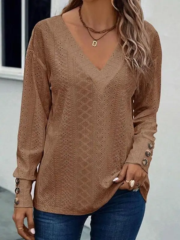 Long Sleeve Relaxed Button Detail V-Neck T-Shirt