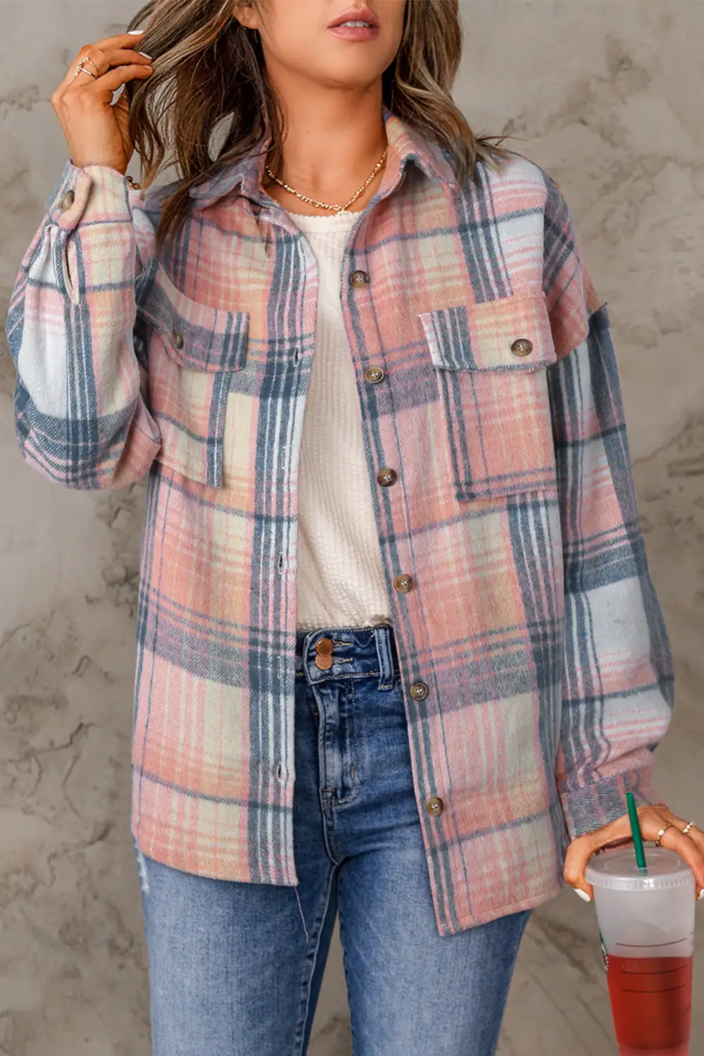 Textured Plaid Pocket Flap Pocket Shacket