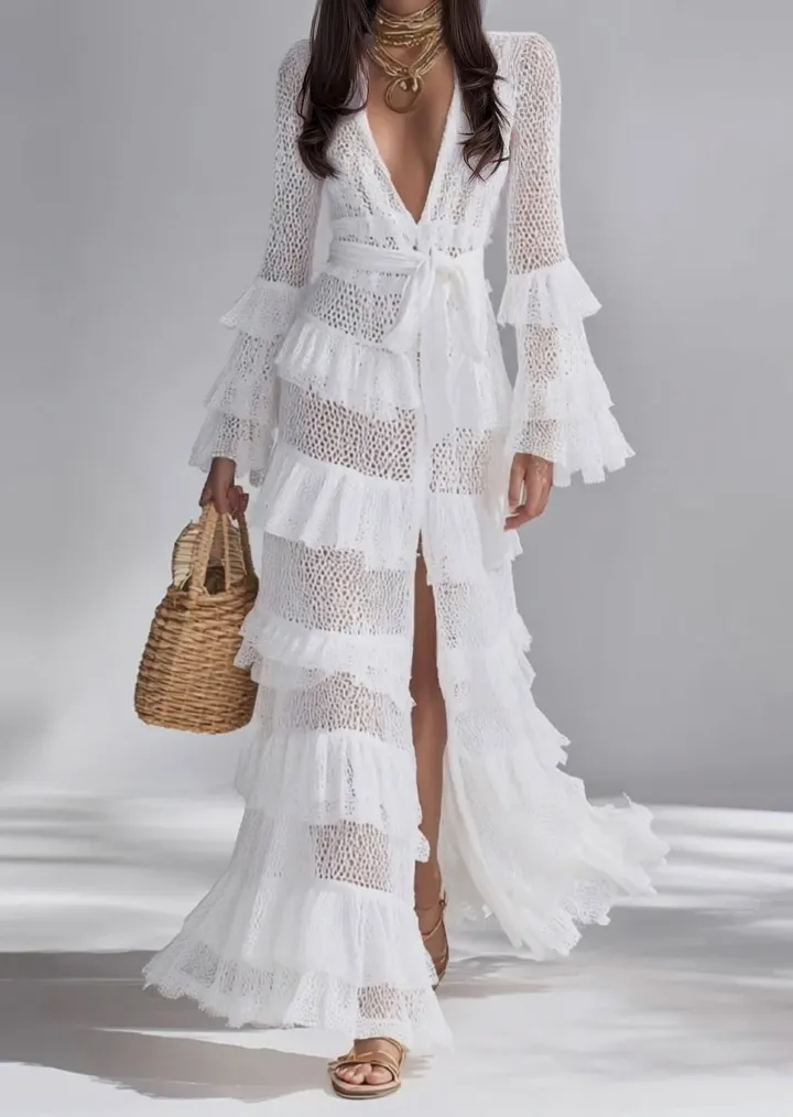 Bohemian Sheer Lace Ruffle Maxi Dress