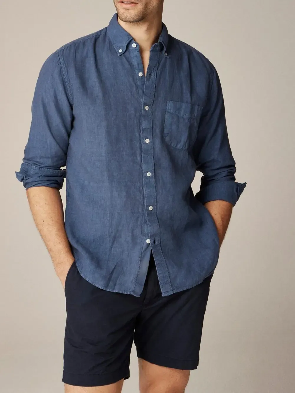 Navy Blue Long Sleeve Linen Shirt