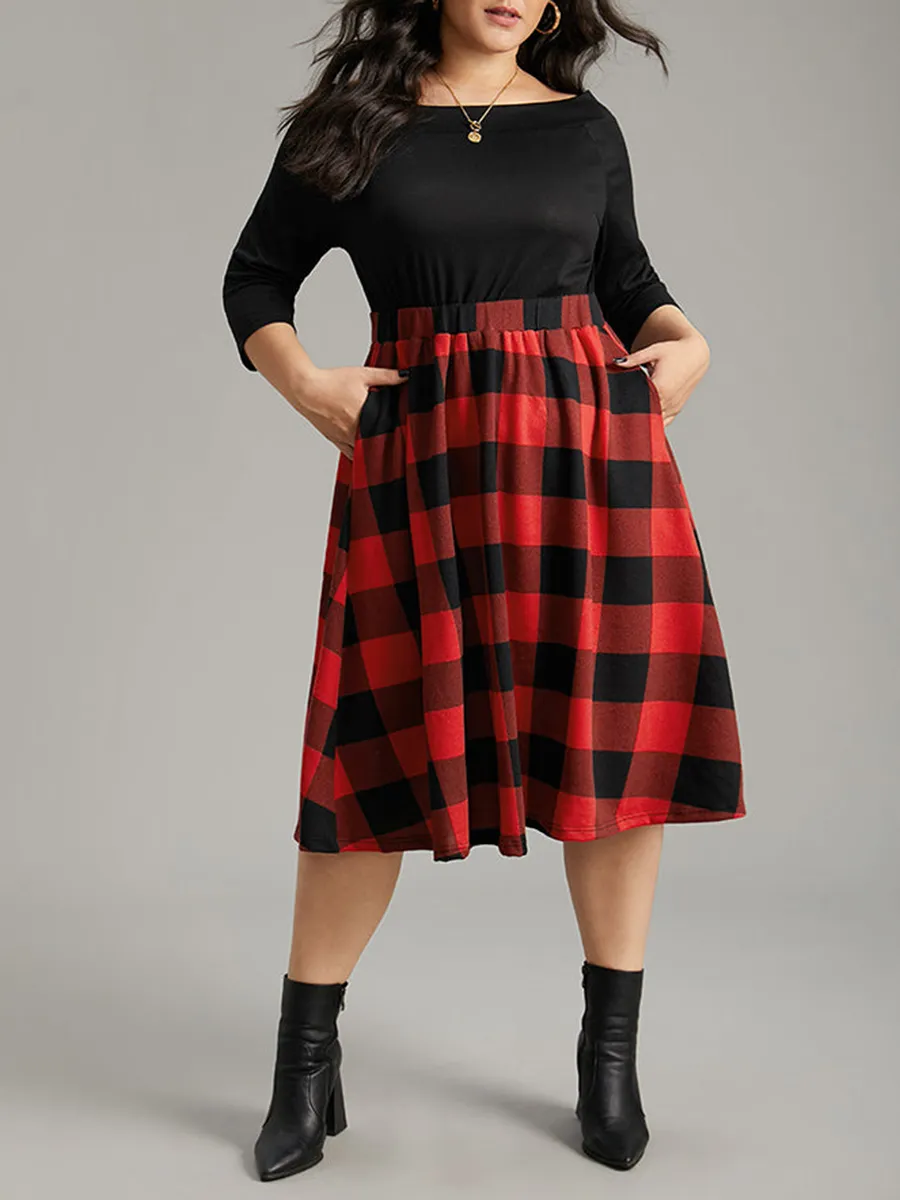 Elegant premium waist slimming plaid dress with pockets