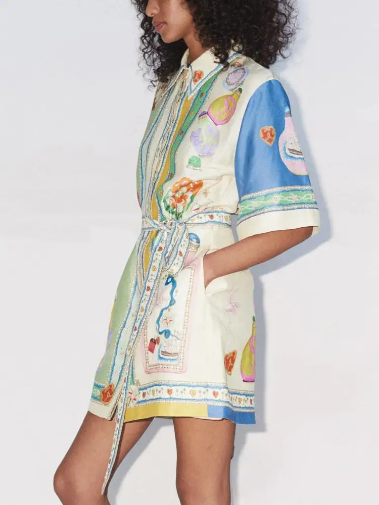 Unique Oil Painting Print Lace Mini Dress