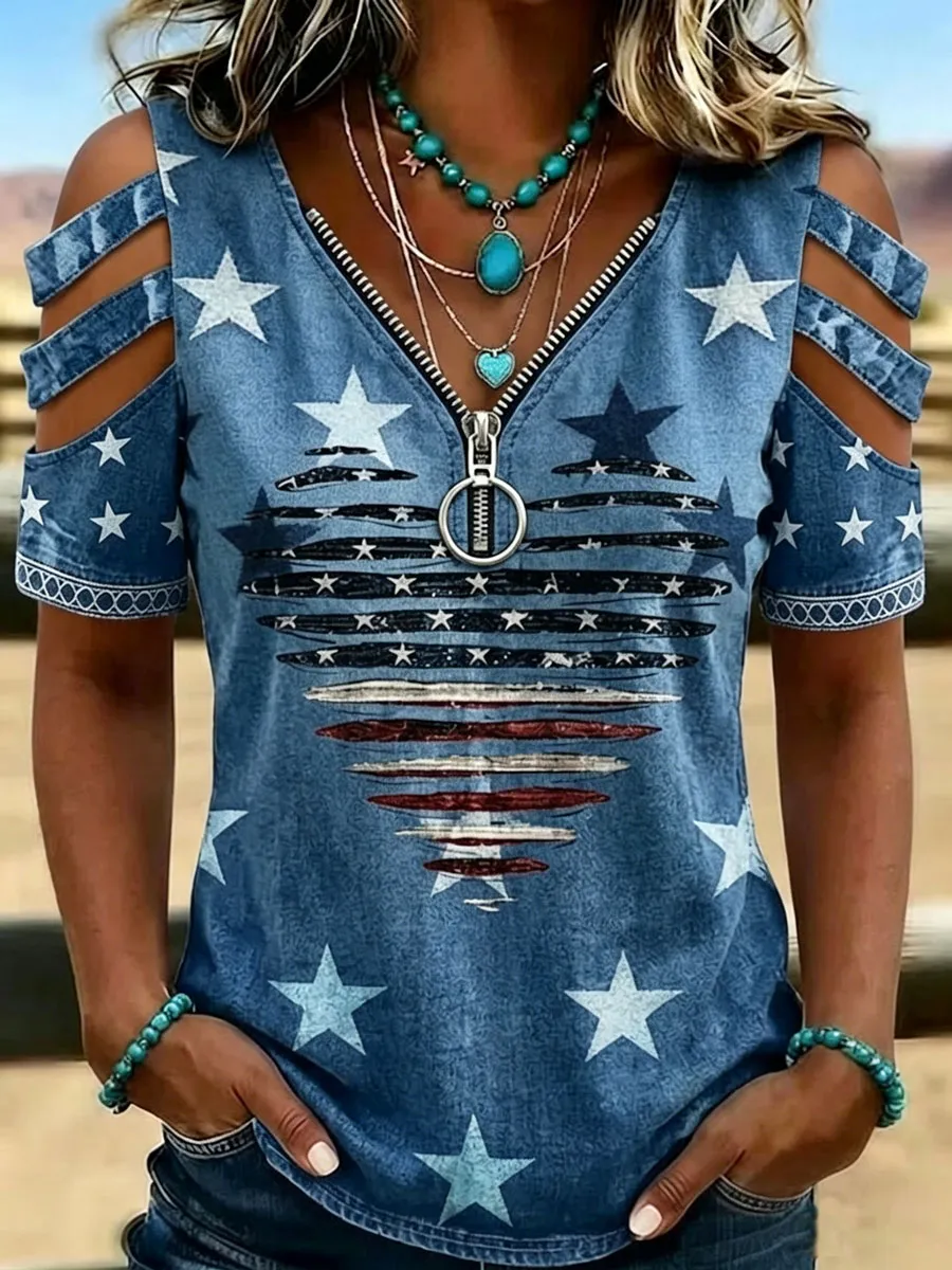 Female Casual Hollowed Out Patriotic T-Shirt