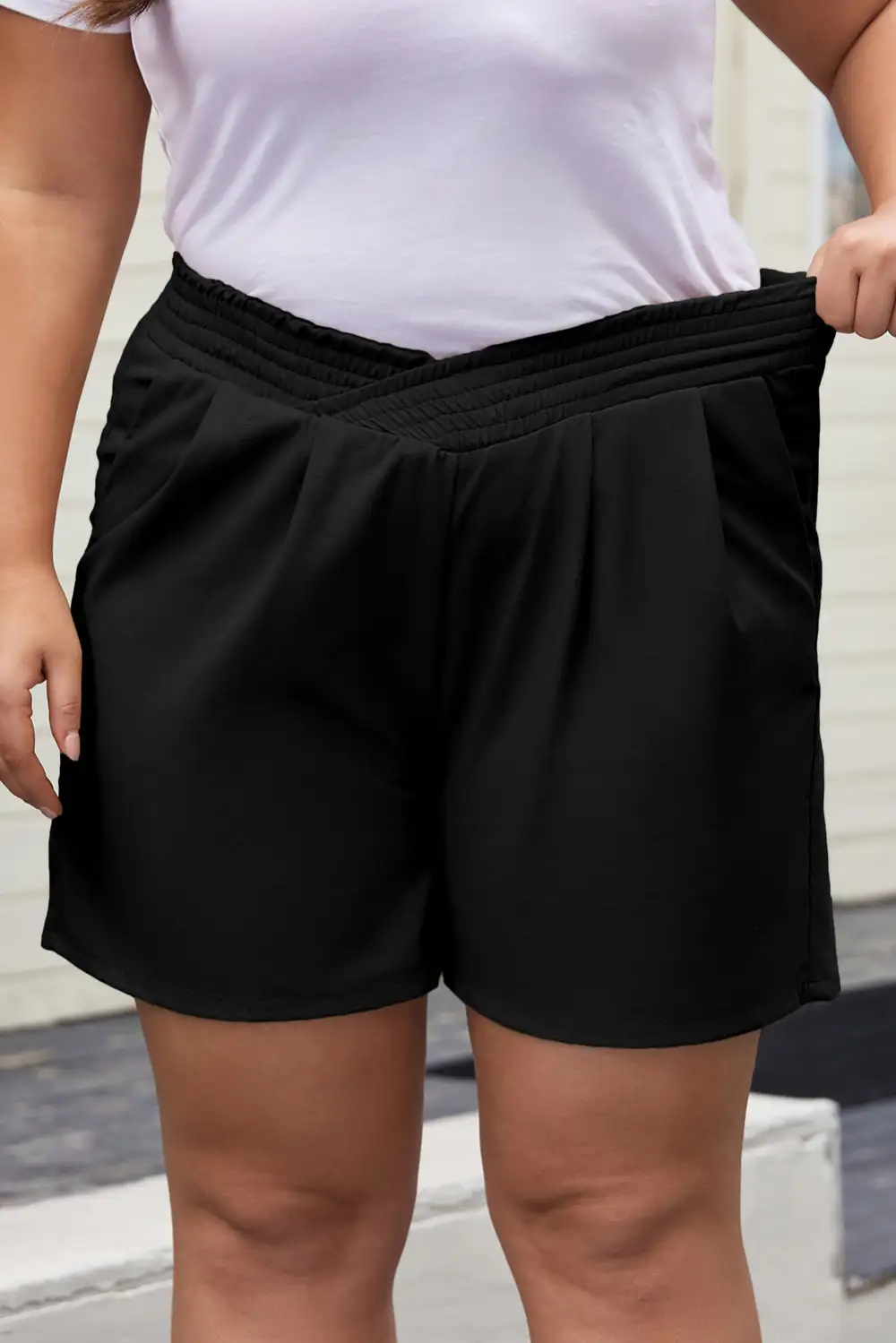 Crossed Elastic Waist Cotton Linen Loose Shorts