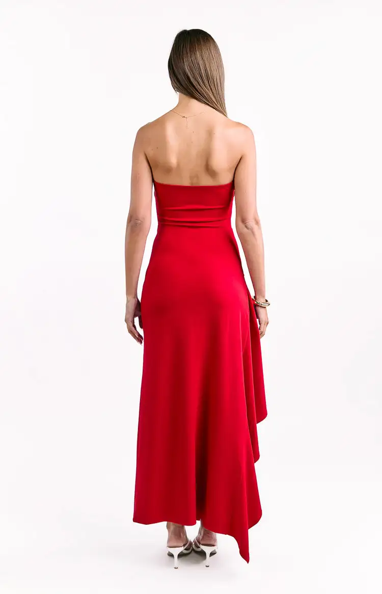 Strapless Frills Crepe Maxi Dress